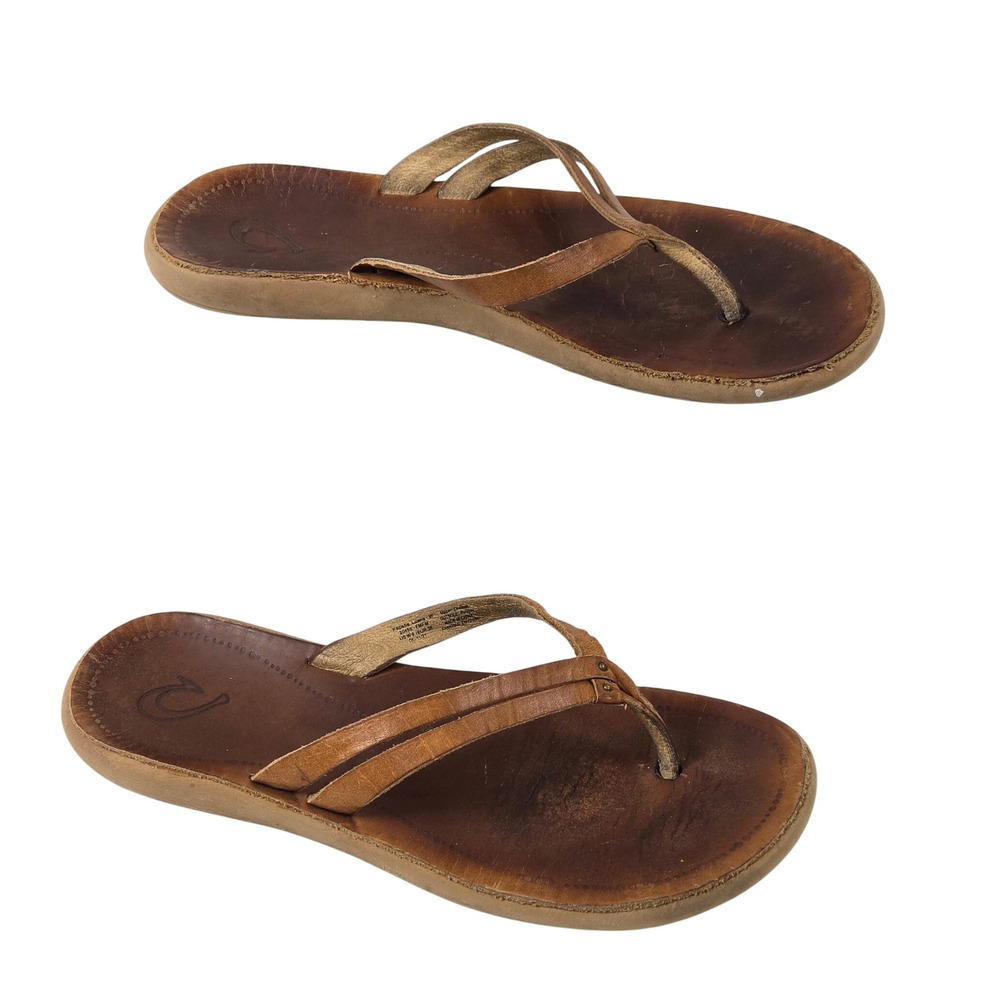 OluKai Women Brown Thong Slip on Sandal Leather Flat Flip Flop Size 8 | 38 Beach